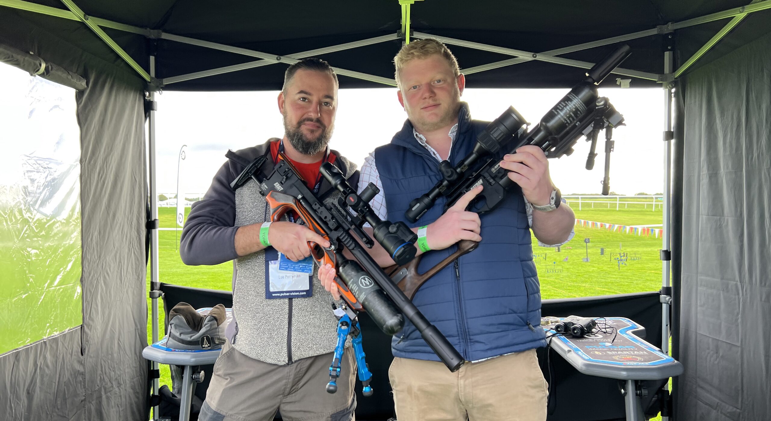 Lee Perryman with UK distributor Thomas Jacks testing Pulsar Thermion DUO in the Yorkshire Shooting Show